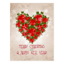 Coeur de poinsettia et Noël rouges de flocons de n Carte Postale