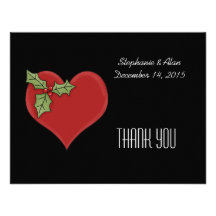 Coeur rouge et carte de remerciements vert de houx invitations personnalisées