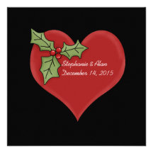Coeur rouge et mariage vert de Noël de houx Invitation