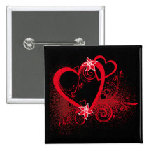 Coeur rouge sur fond noir - badge avec agrafe