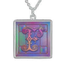 Collier initial "en verre de pluie bleu" de monogr