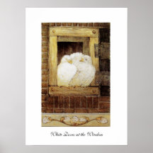 COLOMBES BLANCHES À LA FENÊTRE, jaune brun antique Poster