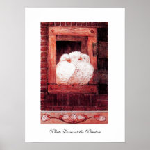 COLOMBES BLANCHES À LA FENÊTRE, rose rouge Poster