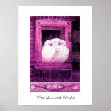 COLOMBES BLANCHES À LA FENÊTRE, violette pourpre r Posters