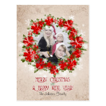Couronne rouge de poinsettia et Noël de flocons de Carte Postale