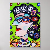 Crânes et femme de Mexicain de fleurs Posters