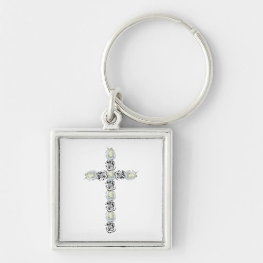 Croix d'argent et des roses blancs porte-clé