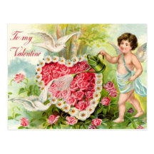 Cru - à mon Valentine - cupidon, coeurs et colombe Cartes Postales