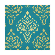 Damask Leafy Baroque Pattern Teal & Golds I Gallery Wrapped Canvas