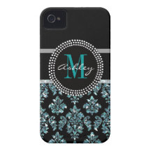 Damassé bleue Girly de noir de scintillement perso Étui iPhone 4