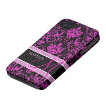 Damassé pourpre et noire élégante avec le monogram coque Case-Mate iPhone 4