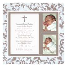 De baptême bleu doucement et photo de Brown Paisle Invitation Personnalisable