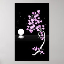 De bloesem van de kers (Sakura) bij nachtDruk Print