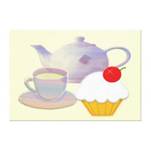 De tijd van de thee met kersen cupcake Uitgerekt C Stretched Canvas Afdruk