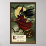 De vintage Heks die van Halloween een Bezem en een Plaat