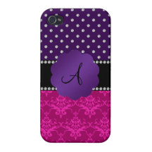Diamants roses de pourpre de damassé de monogramme coques iPhone 4/4S