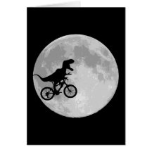 Dinosaure sur un vélo en ciel avec la lune cartes