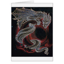 Dragon blanc, lune rouge sur le noir carte de vœux