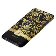 Elegant Zwart en Gouden Damast met Monogram Barely There iPod Cases