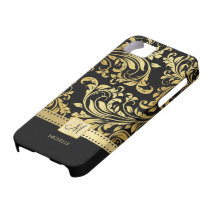 Elegant Zwart & Gouden Damast met Monogram iPhone 5 Case