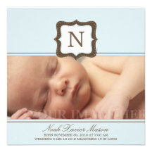 Faire-part de naissance initial bleu carré