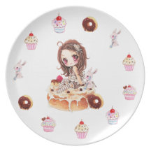 Fille mignonne de chibi s'asseyant sur un petit pa assiette pour soirée