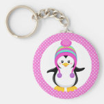 Fille rose de pingouin d'hiver de point de polka porte-clef