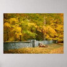 Forêt de chute et mur en pierre posters