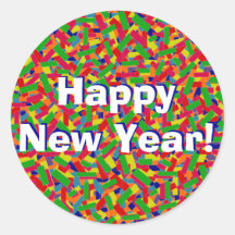 Gelukkige Nieuwjaar van veelkleurige Confettien he Ronde Stickers