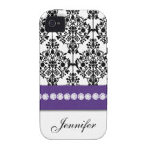 Gepersonaliseerd Paars Zwart Wit BloemenDamast iPhone 4/4S Hoesjes