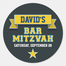 Gold and Blue Sports Tackle Twill Bar Mitzvah RSVP Round Sticker