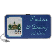 Griffonnage de chapelle de mariage de pingouin haut-parleurs ordinateur portable