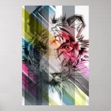Hand getrokken tijger op een gestreepte achtergron print