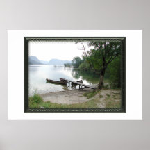 Het meer van Bohinj, stranduitzicht met drie boten Print