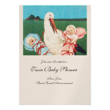 Het TWEELINGBABY SHOWER van de OOIEVAAR, champagne Persoonlijke Uitnodigingen