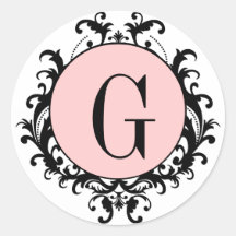 Het zwarte Witte Roze Etiket van het Damast van G  Ronde Sticker