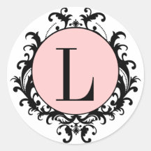 Het zwarte Witte Roze Etiket van het Damast van L  Ronde Stickers