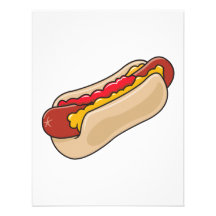hotdog in broodje met ketchup en grafische mosterd aankondiging