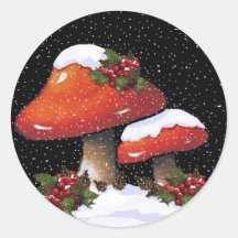 Houx de Noël avec les champignons rouges, neige Autocollants Ronds