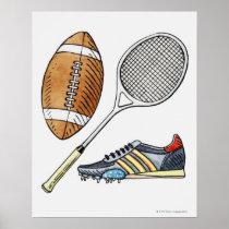 Illustration de boule de rugby, raquette de tennis