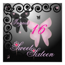 Invit. rose/noir de sweet sixteen de papillon de D Invitations