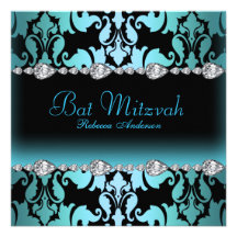 Invitation bleu de bat mitzvah de damassé et d'éti