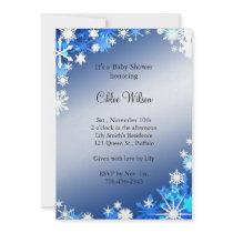 Invitation bleue de fête de naissance de flocons d