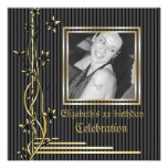 Invitation floral noir et d'or d'anniversaire de f