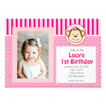 Invitation rose d'anniversaire de singe de fille