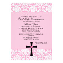 Invitation rose de communion de coeur de damassé