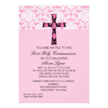 Invitation rose de communion de croix de damassé
