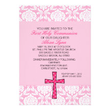 Invitation rose de communion de croix de damassé