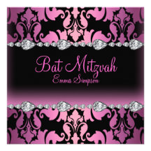 Invitation rose et noir de bat mitzvah de damassé 