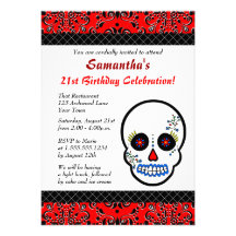 Invitation rouge et noir de crâne de sucre d'anniv